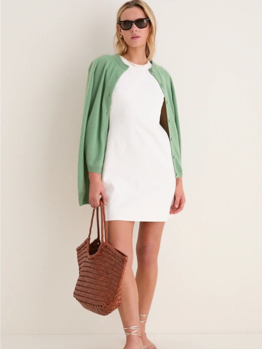 Tuckernuck White Mini Dress with Mint Green Cardigan
